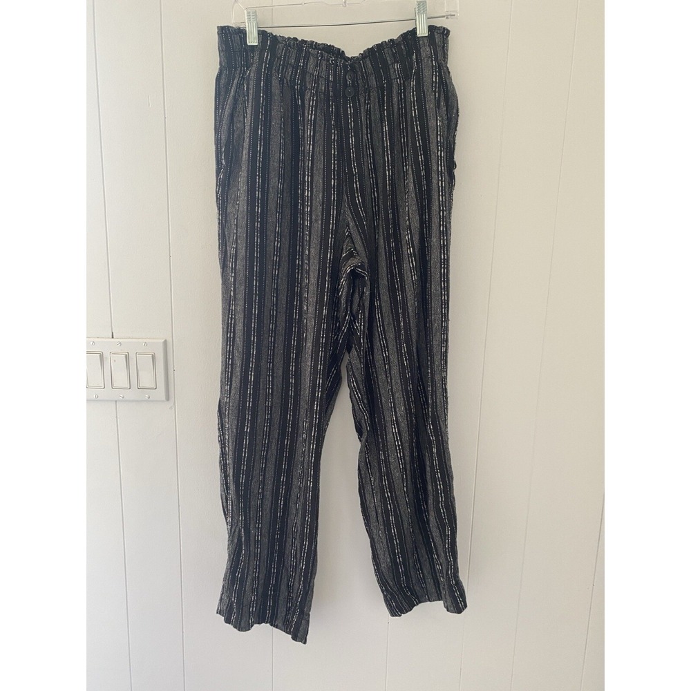 Briggs Women's Large Linen Blend Pull on Pants Black &‎ White Stripe Elastic